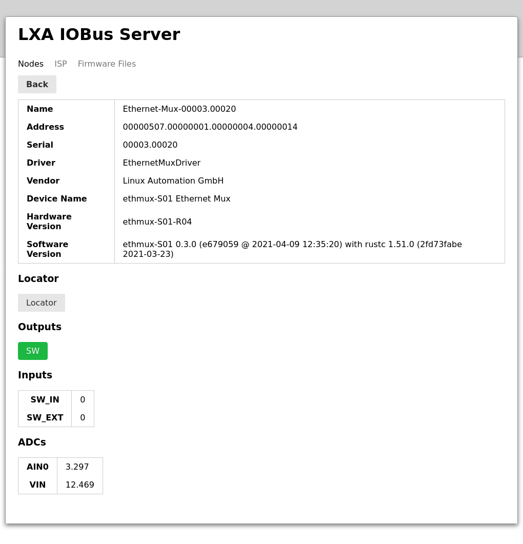 IOBus Server Webinterface - Node controls